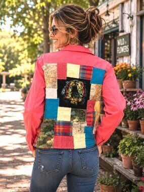Upcycled Patchwork Jacket Handcrafted Boho Tattered Tiger Patch Blazer Size S
